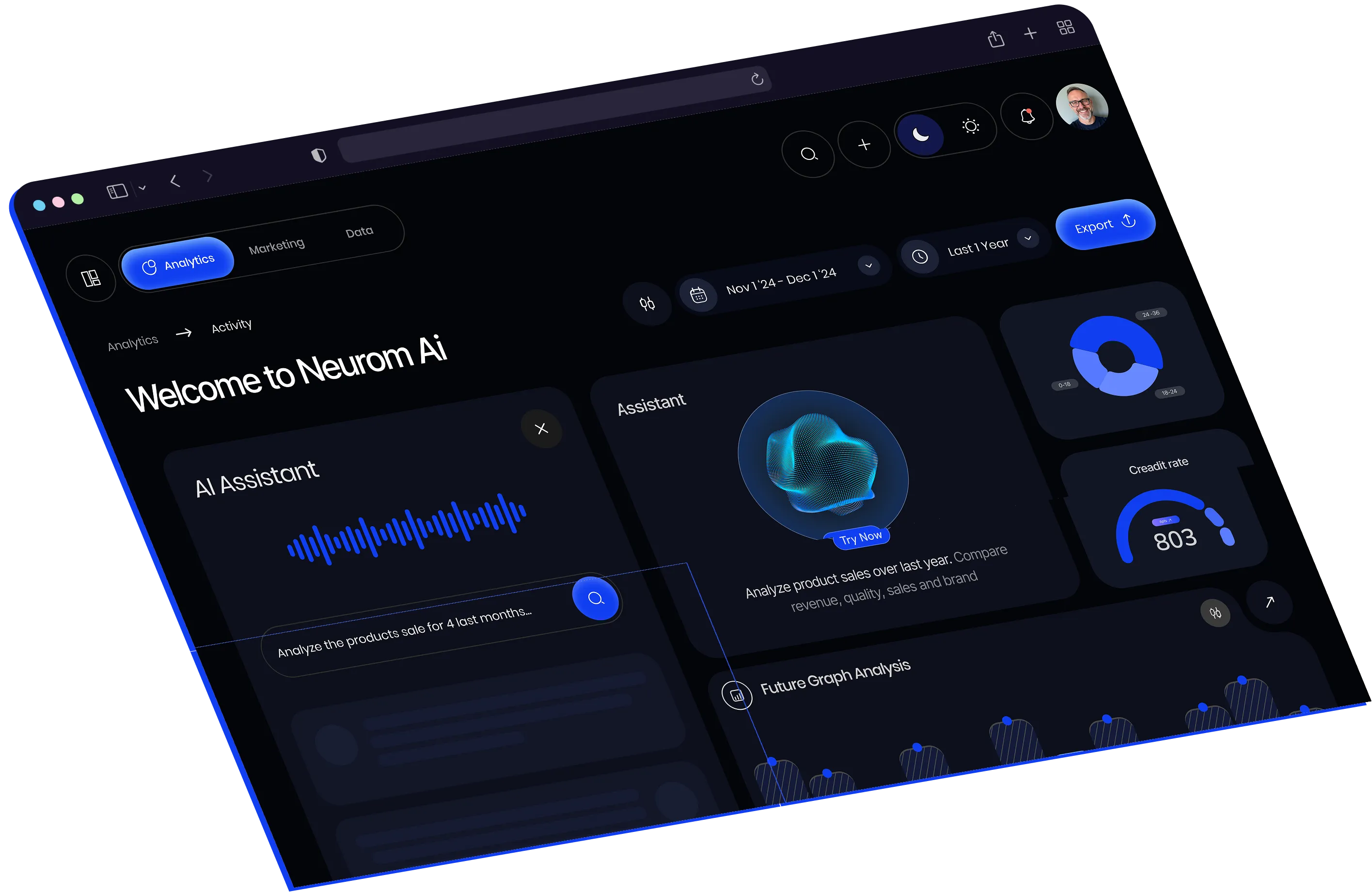Dark-themed AI analytics dashboard for Neurom AI showing AI assistant modules, data visualizations, sales analysis, and credit rate indicator.