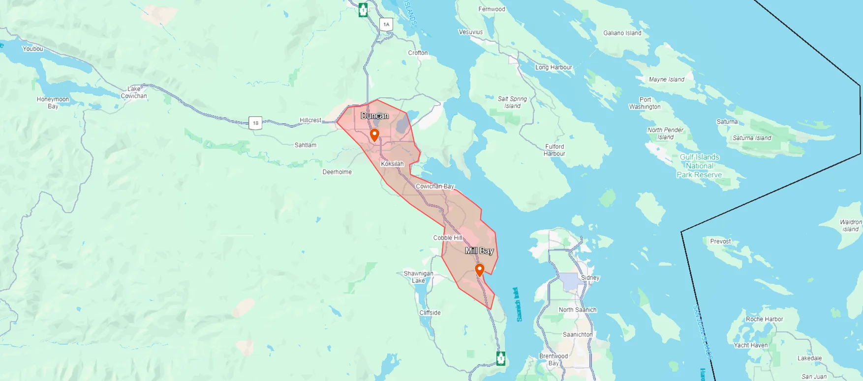 Map showing the region including Duncan, Mill Bay, Lake Cowichan, and nearby islands on Vancouver Island.