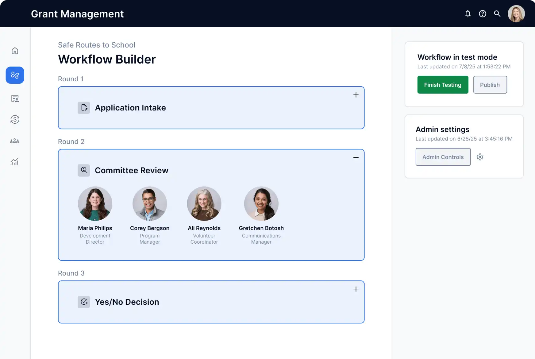 Screenshot of product showing the main homepage of the Grant Management Platform