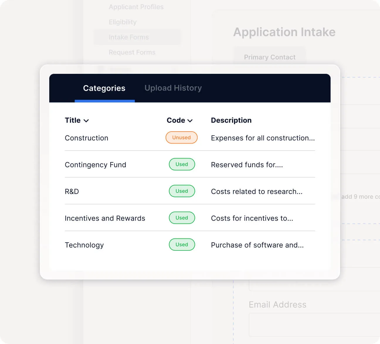 A screenshot of an application intake ui