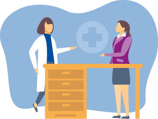 Illustration einer Frau im Gespräch mit einer Ärztin.