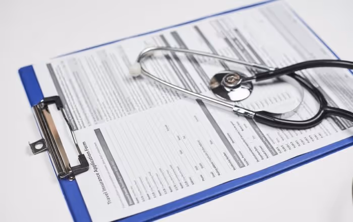 Een stethoscoop die op een blauw klembord met een ingevuld formulier ligt.