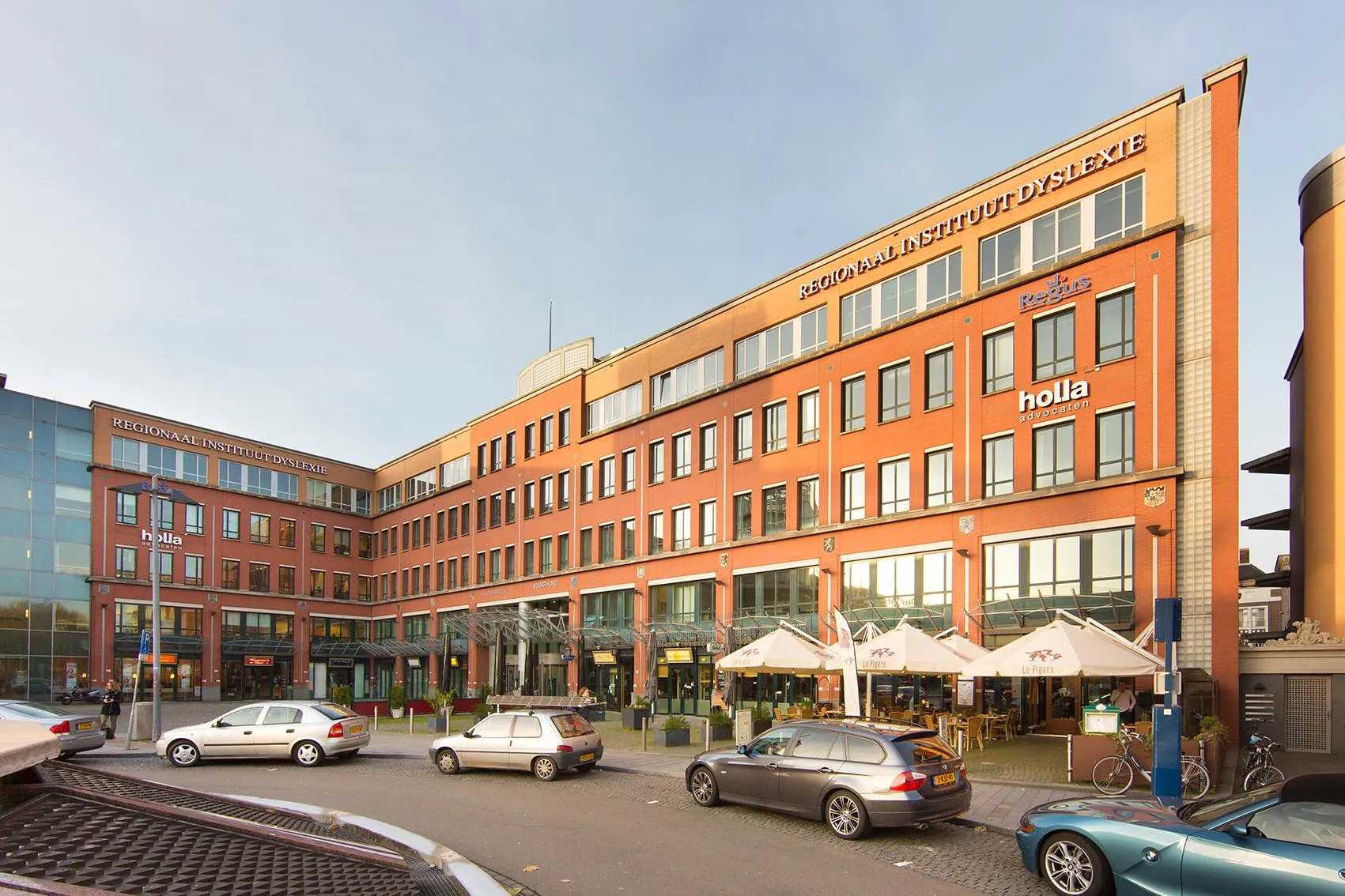 Groot kantoorgebouw met rode bakstenen en glazen gevels met de tekst Regionaal Instituut Dyslexie en meerdere geparkeerde auto's ervoor.