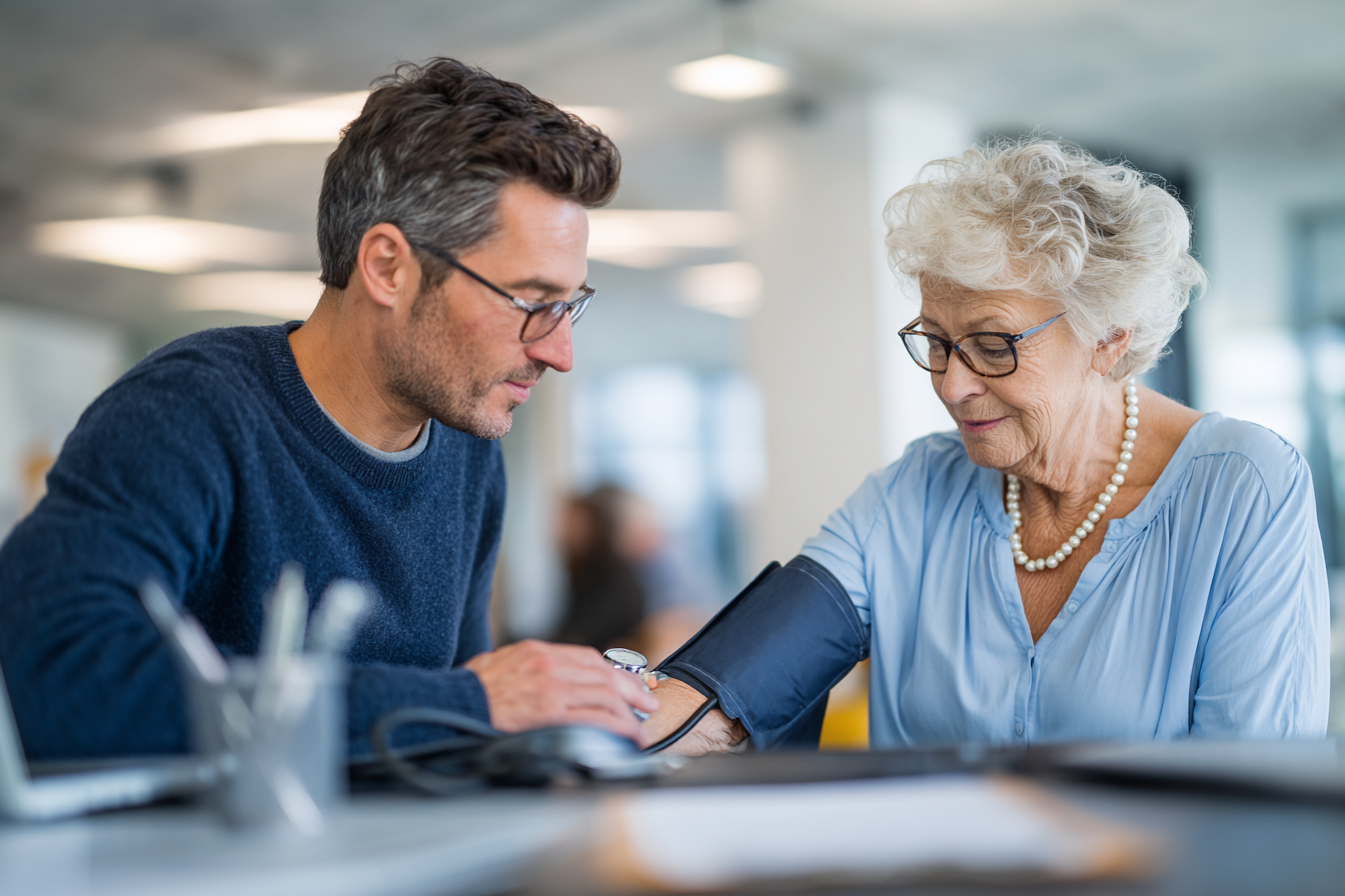Man meet een bloeddrukmeter die de bloeddruk meet bij een oudere vrouw met een blauwe blouse en een parelketting.