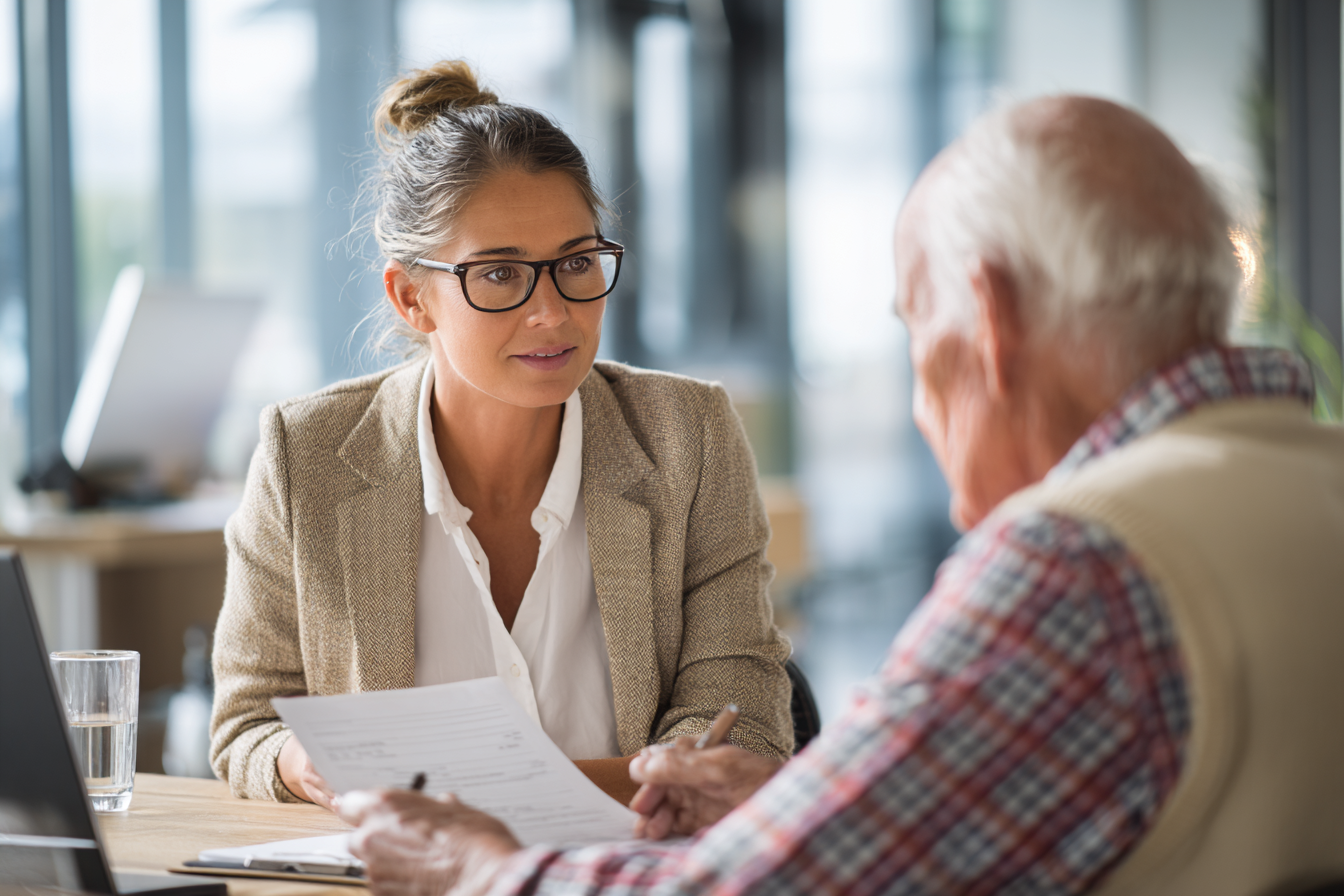 Vrouw met bril in beige blazer praat met oudere man die een formulier invult in een kantooromgeving.