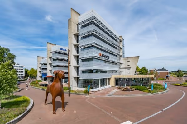 Modern kantoorgebouw met opvallend kunstwerk van een grote bruine hond op een plein onder een blauwe hemel.