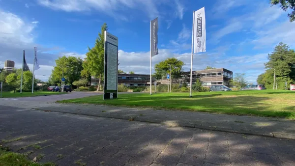 Landschap met een gebouw en vlaggenmasten op een grasveld bij een trottoir onder een blauwe lucht.