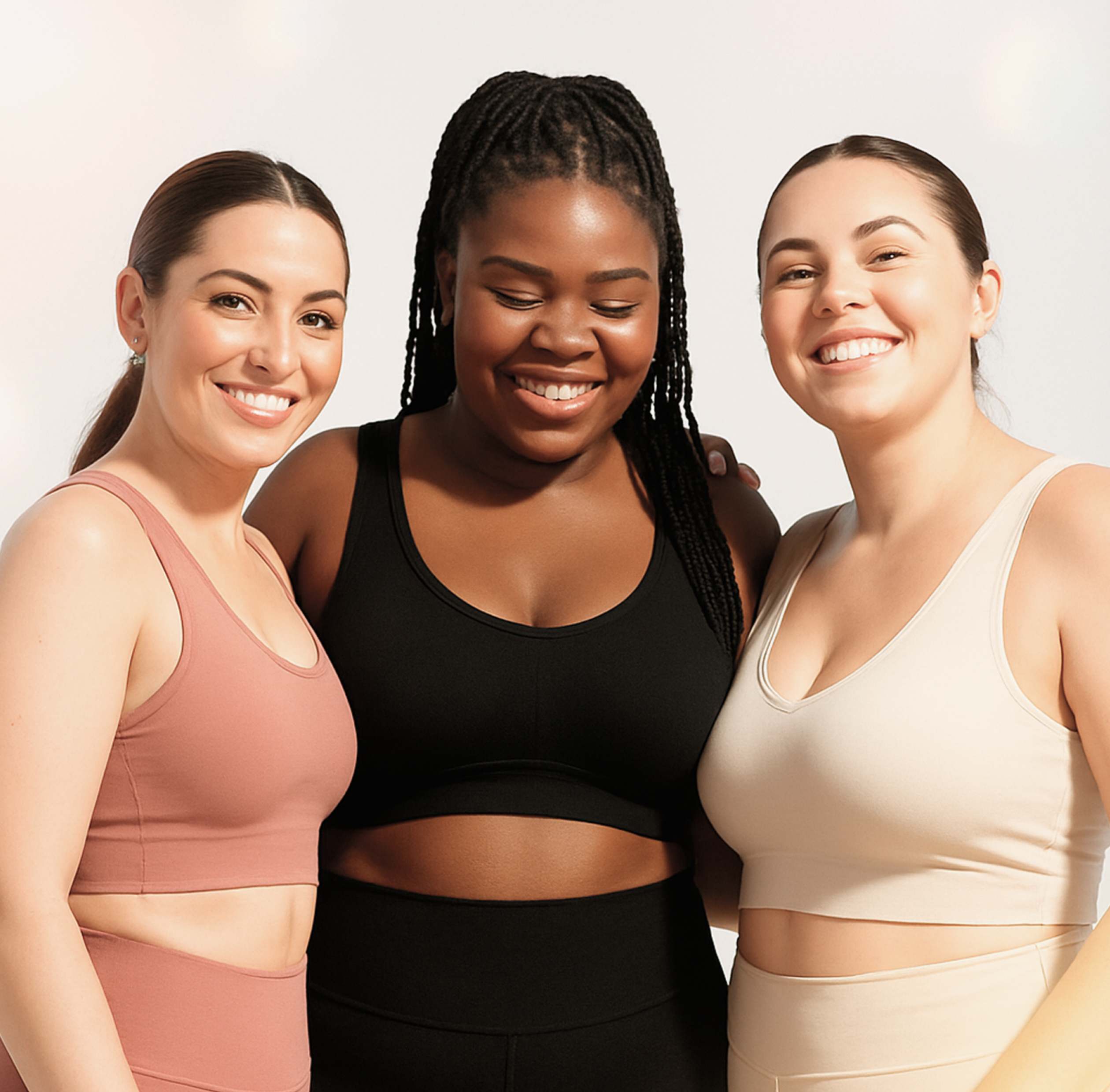 Two women stand close together, arms linked. One wears a blue sports bra and shorts, the other a mauve sports bra and matching shorts. Both have relaxed expressions and pose against a plain light background.