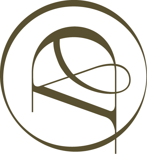 Stylized olive green circular monogram featuring a looping, abstract design within the circle.