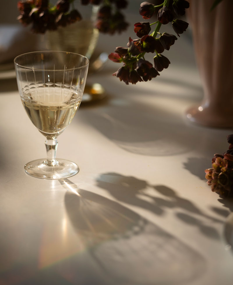Elegant glass with white wine casting a patterned shadow on a table next to dark flowers in soft light.