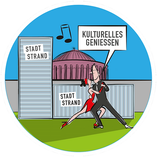 Illustration eines tanzenden Paares vor Containern mit der Aufschrift ‚STADT STRAND‘ und dem roten Kuppelgebäude im Hintergrund, Sprechblase mit ‚KULTURELLES GENIESSEN‘.