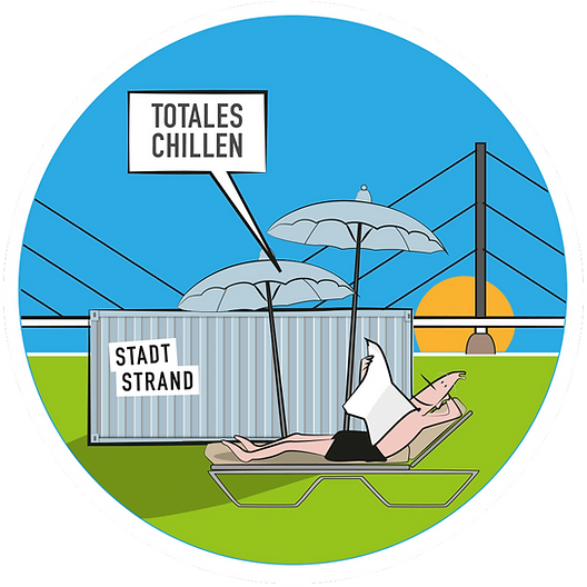 Illustration eines Mannes, der auf einer Liege am Stadtstrand mit zwei Sonnenschirmen entspannt, mit Sonnenuntergang und einer Brücke im Hintergrund.