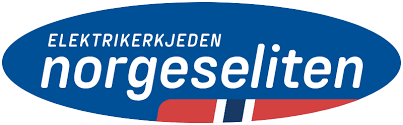 Logo for Elektrikerkjeden Norgeseliten with blue oval background and red, white, and blue stripes below.