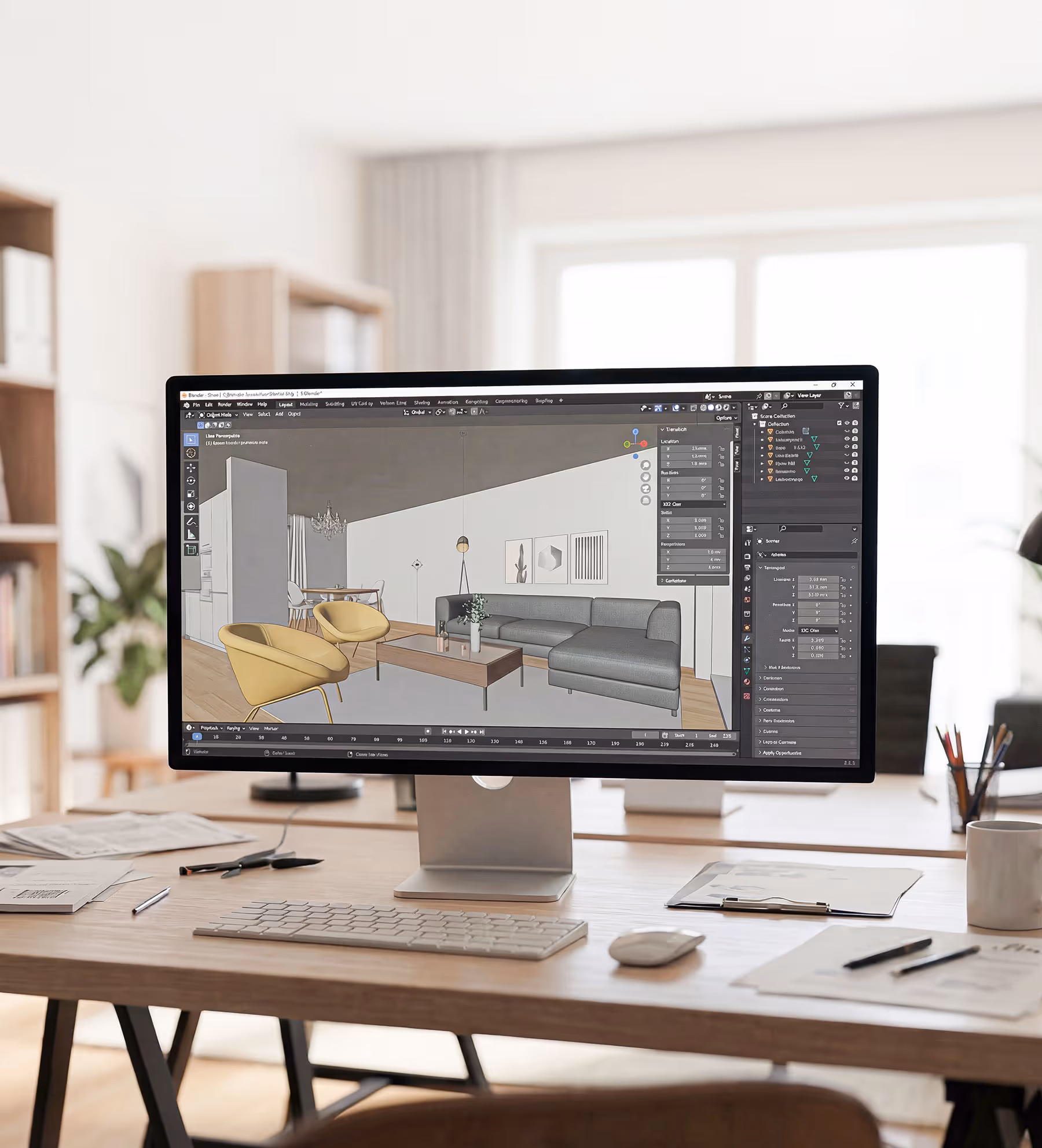 Bildschirm zeigt 3D-Visualisierung einer modernen Wohnzimmer-Einrichtung mit grasem Sofa und gelben Sesseln in einem Design-Programm.