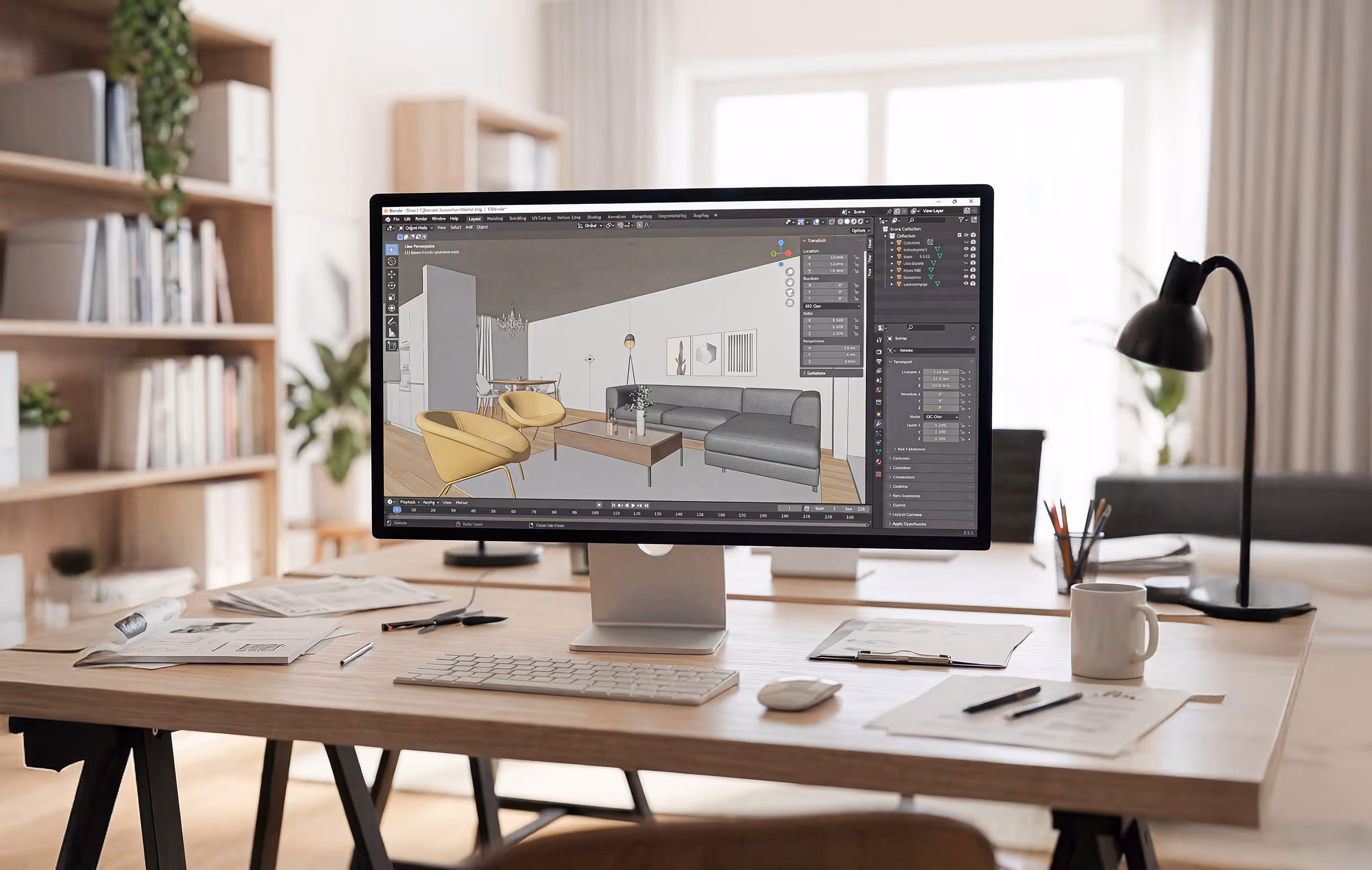 Arbeitsplatz mit Computerbildschirm, der eine 3D-Innenraumgestaltung eines Wohnzimmers zeigt, umgeben von Schreibtischutensilien und Lampe.