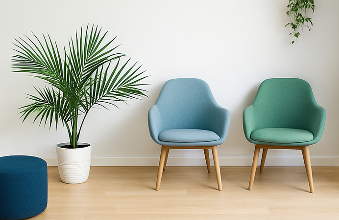 AI generated waiting room with a blue chair, green chair and a plant