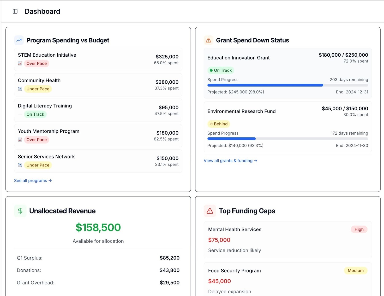 Actually Finance dashboard showing nonprofit sub-budgets, permissions, and real-time budget tracking