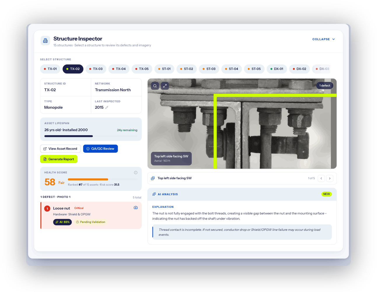 DetectOS Structure Inspector flagging a critical loose-nut defect on a transmission structure with AI analysis and health score