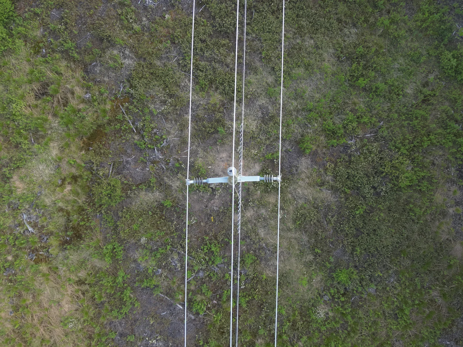 Top-down drone view of a transmission span crossing open terrain