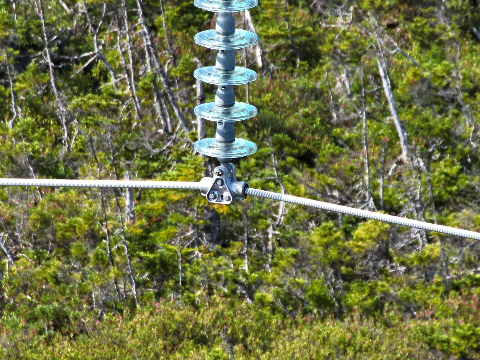 Drone close-up of a suspension insulator string on a distribution line
