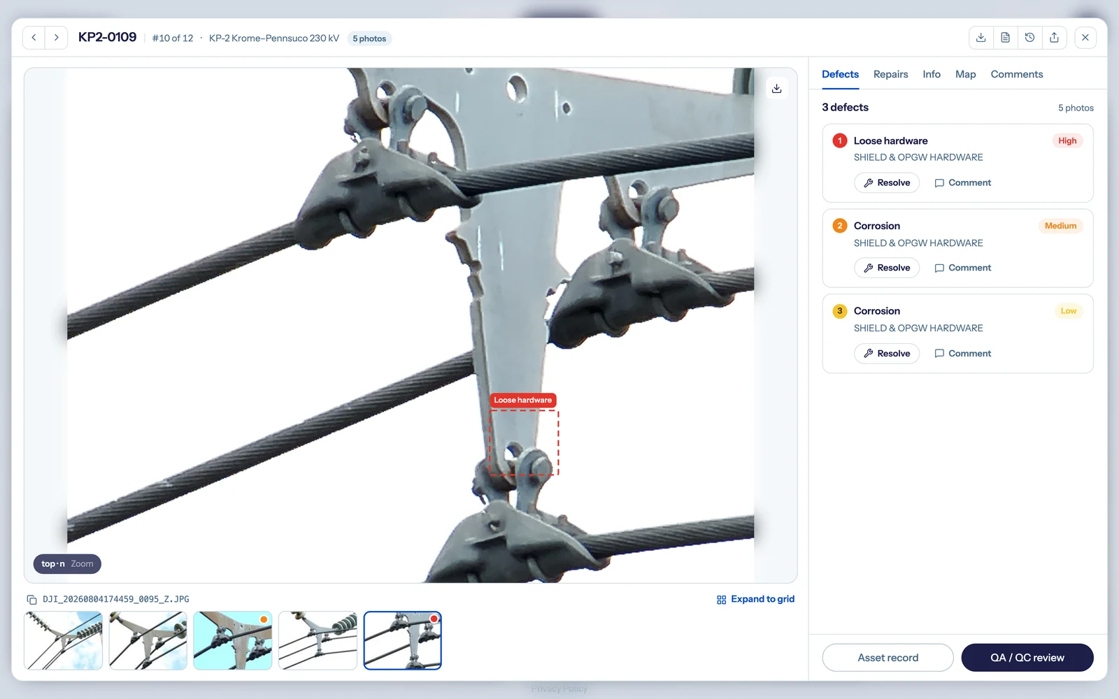 DetectOS structure detail view showing a transmission structure's inspection findings with source imagery, defect classes, severity, and review status