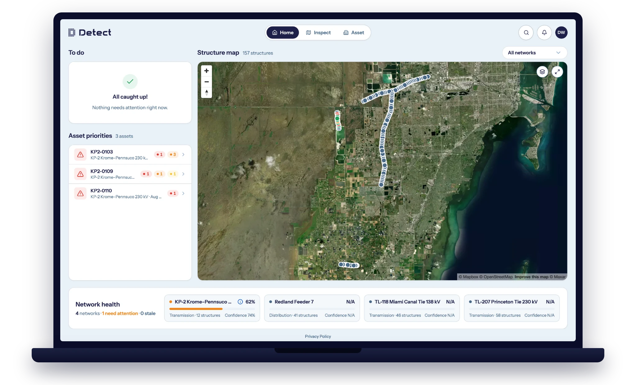 DetectOS home dashboard on a laptop - asset priorities, structure map, and network health
