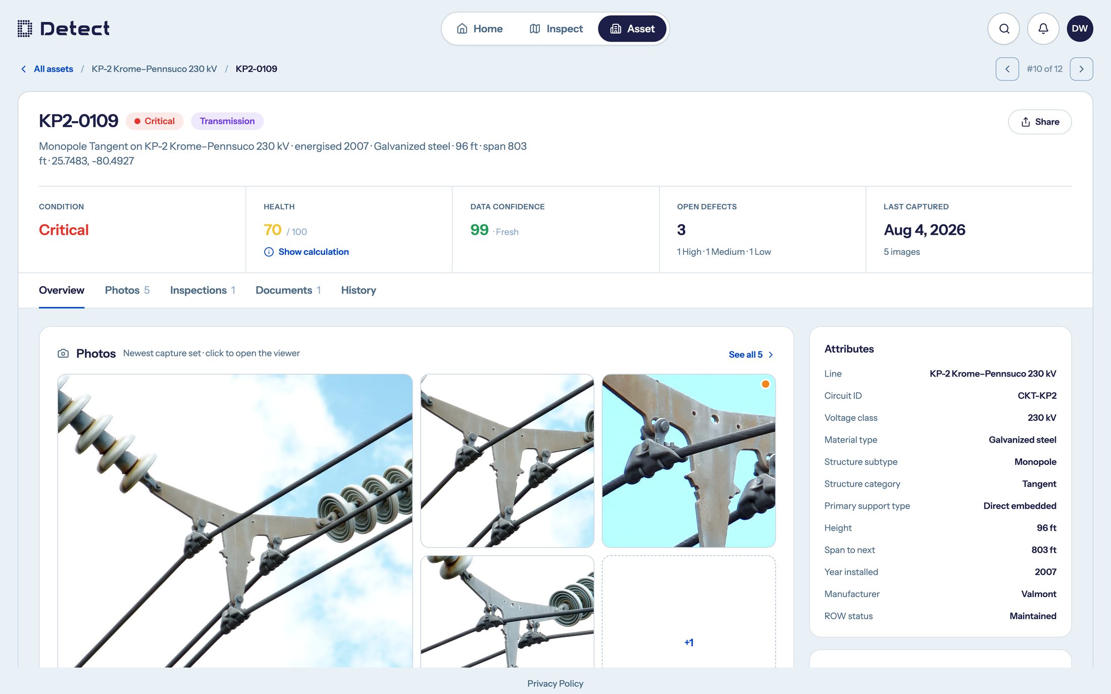 DetectOS asset record - inspection photos and findings organized to one structure