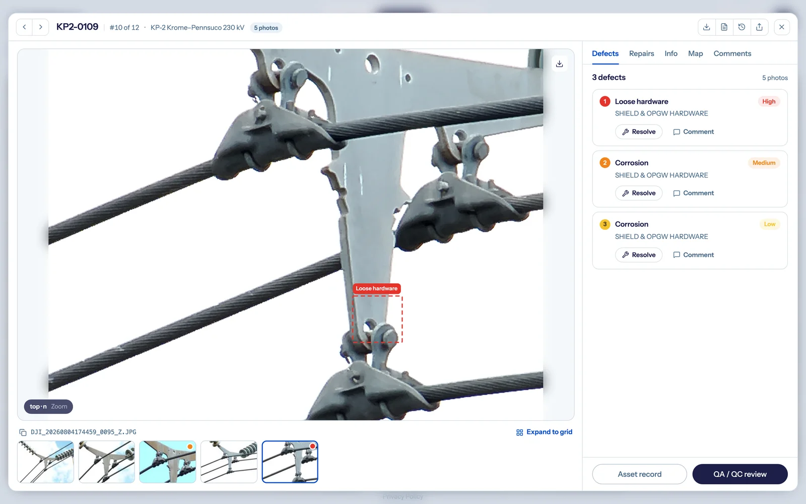 DetectOS structure detail - AI-flagged defect verified by a utility engineer with severity ranking