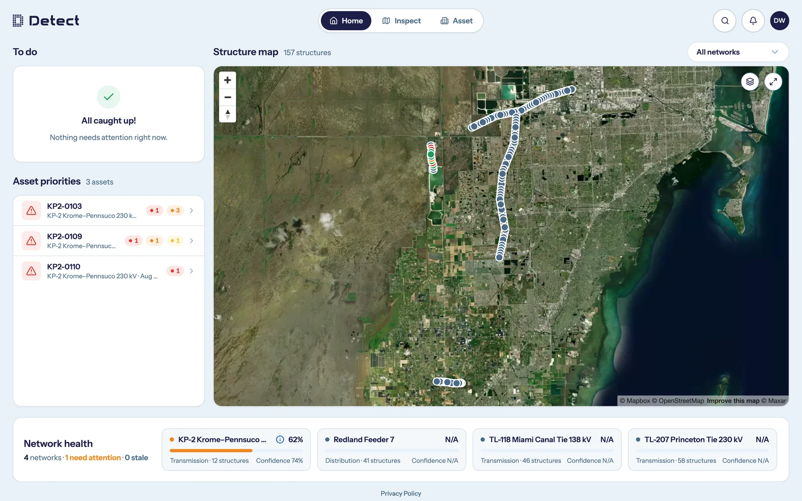 DetectOS home dashboard - verified asset priorities ready to schedule as work