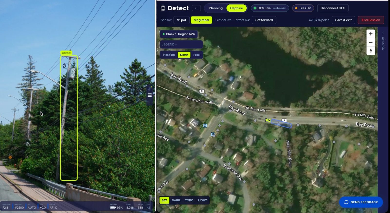 Detect's in-house camera control application: live camera view with a pole detected in frame beside the capture map