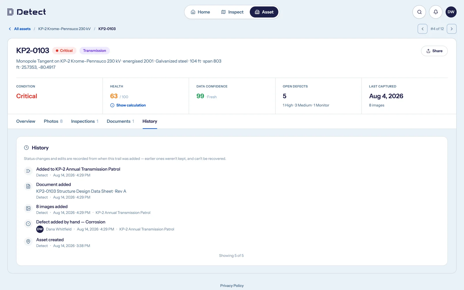 The new DetectOS asset history view listing dated inspection events, findings, and condition changes for a single transmission structure