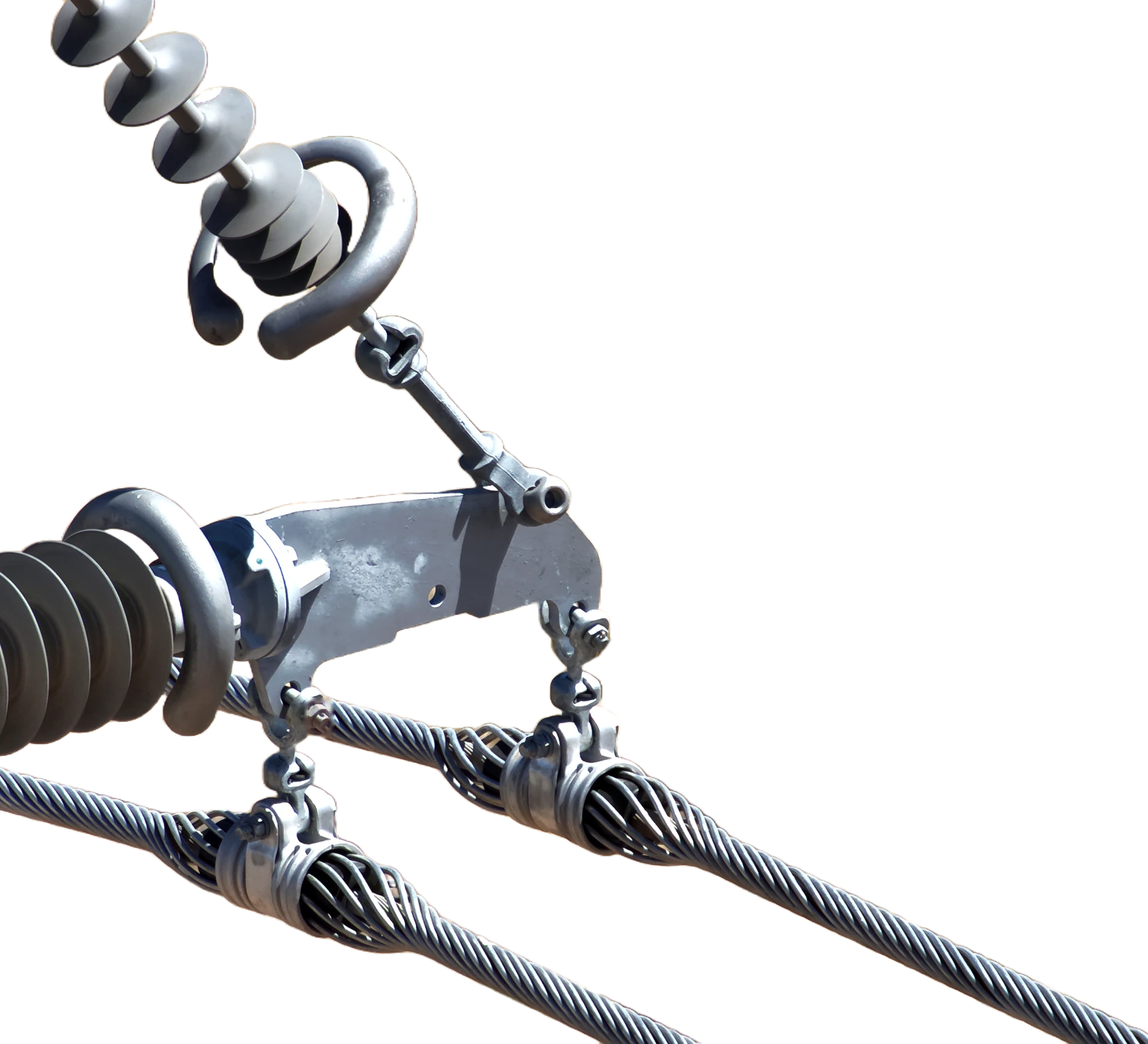 Transmission line suspension assembly with a polymer insulator, yoke plate, and two conductor clamps