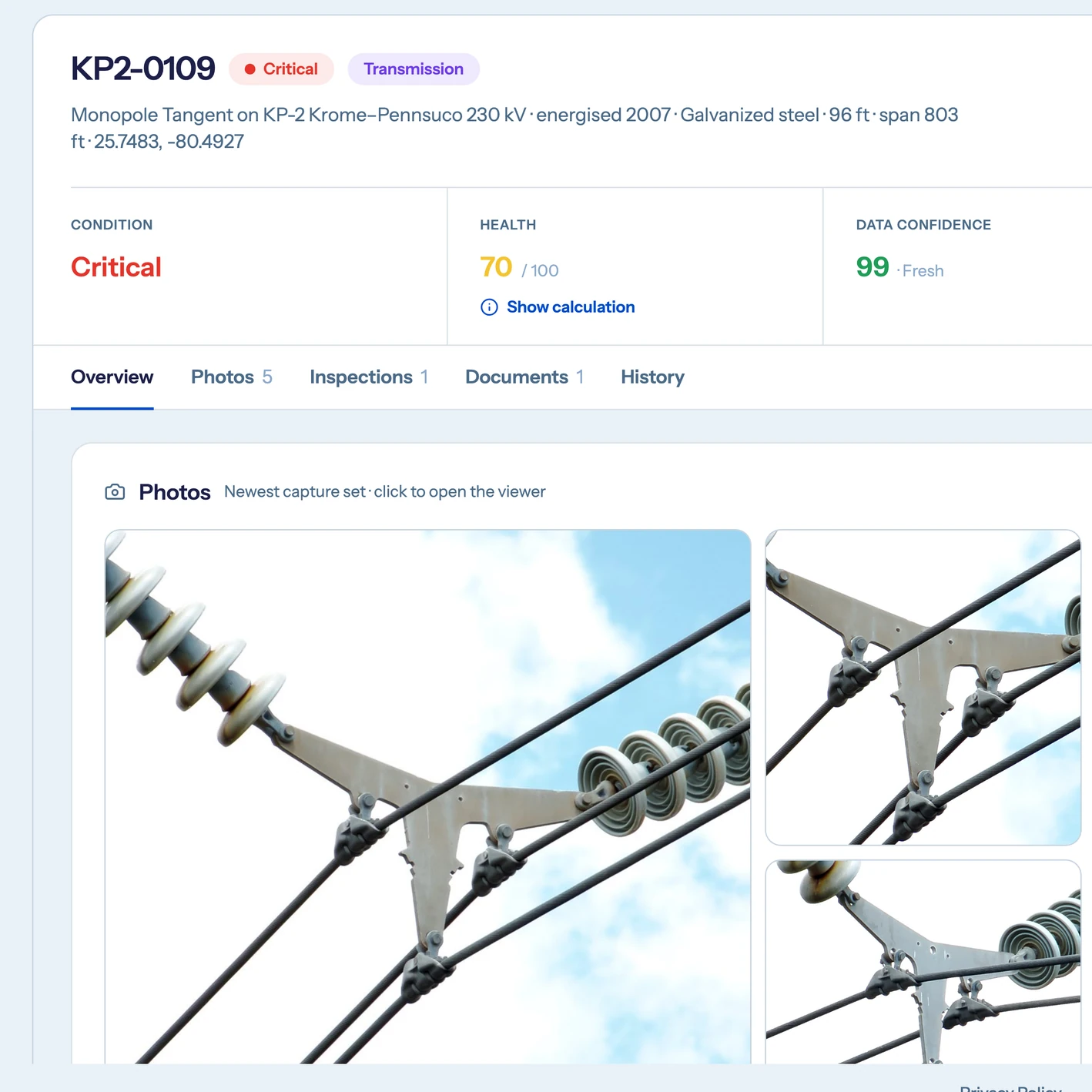 DetectOS asset condition record for a transmission monopole showing condition, health score, data confidence, and the latest inspection photos (demo environment)