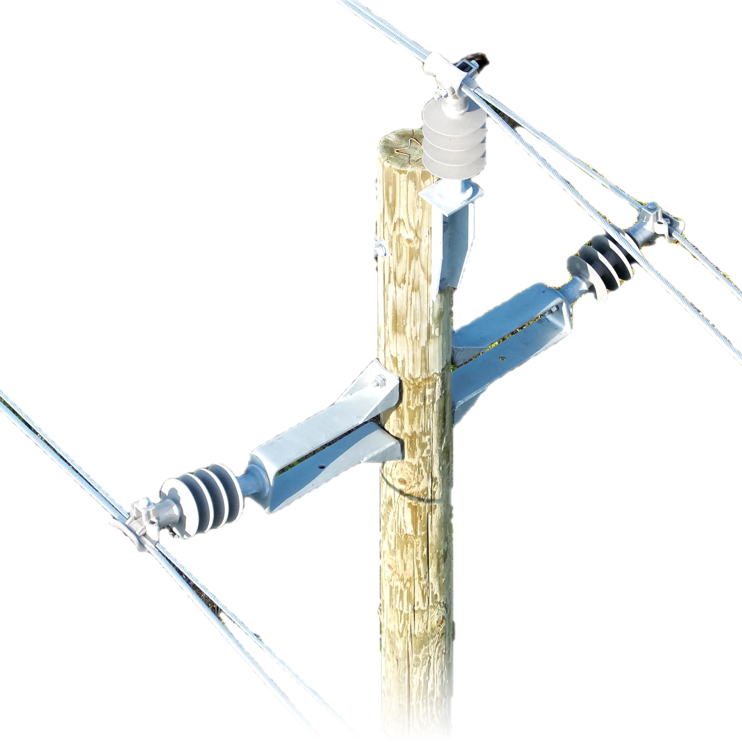 Wood distribution pole top with a pin insulator, standoff bracket, and conductors, isolated on white