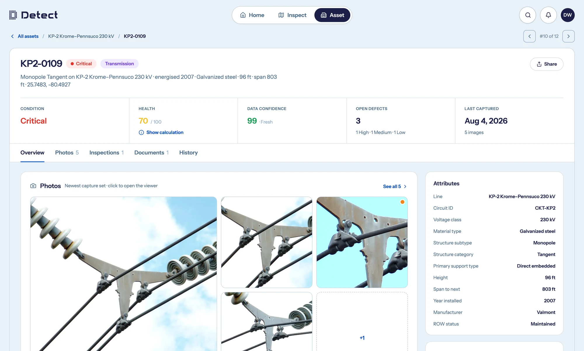 DetectOS asset record for one transmission structure: condition, health score, data confidence, open defects, photos and attributes, shown with demo data