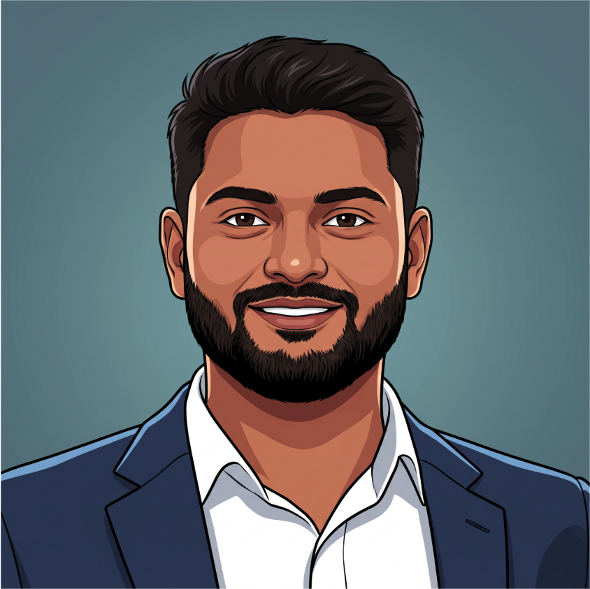 Illustration of a smiling man with dark hair, beard, white shirt, and blue blazer on gray background.