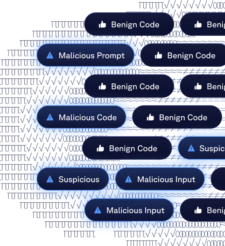 Abstract digital visualization showing overlapping code tags labeled 'Benine Code', 'Malicious Code', and 'Malicious Input' on a dark background.