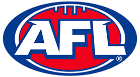 Australian Football League (AFL) logo with white letters on a red and blue oval background.