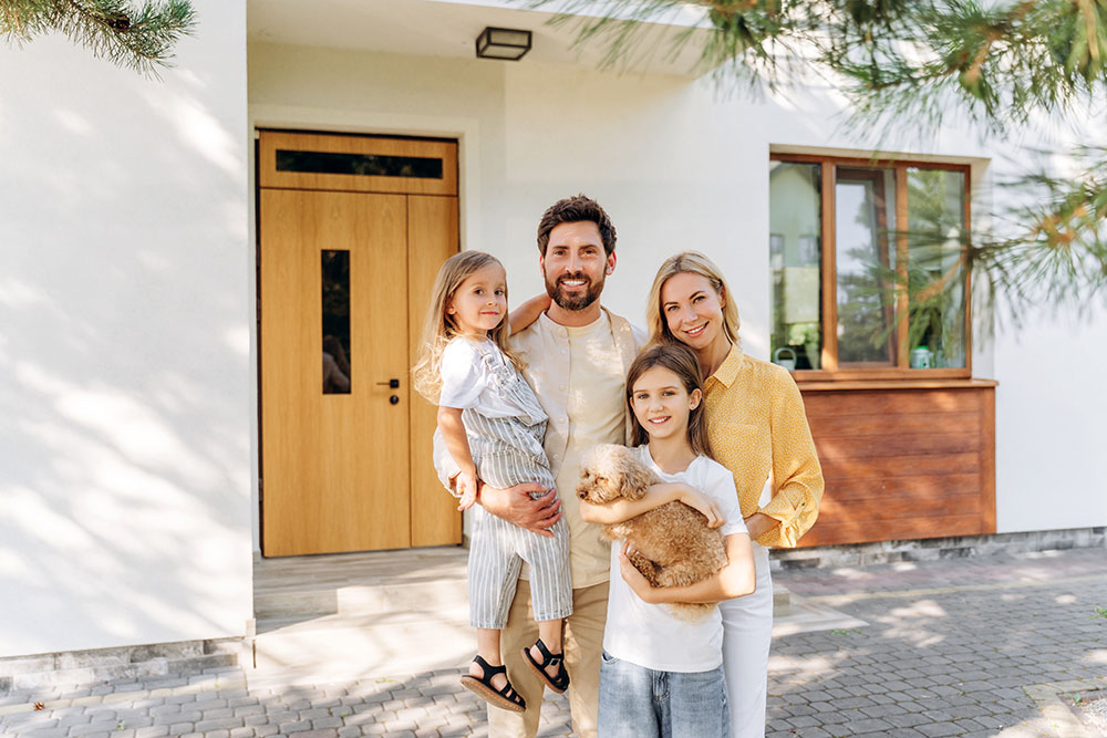 Smiling family of four standing outside a modern house, with the older child holding a small fluffy dog.