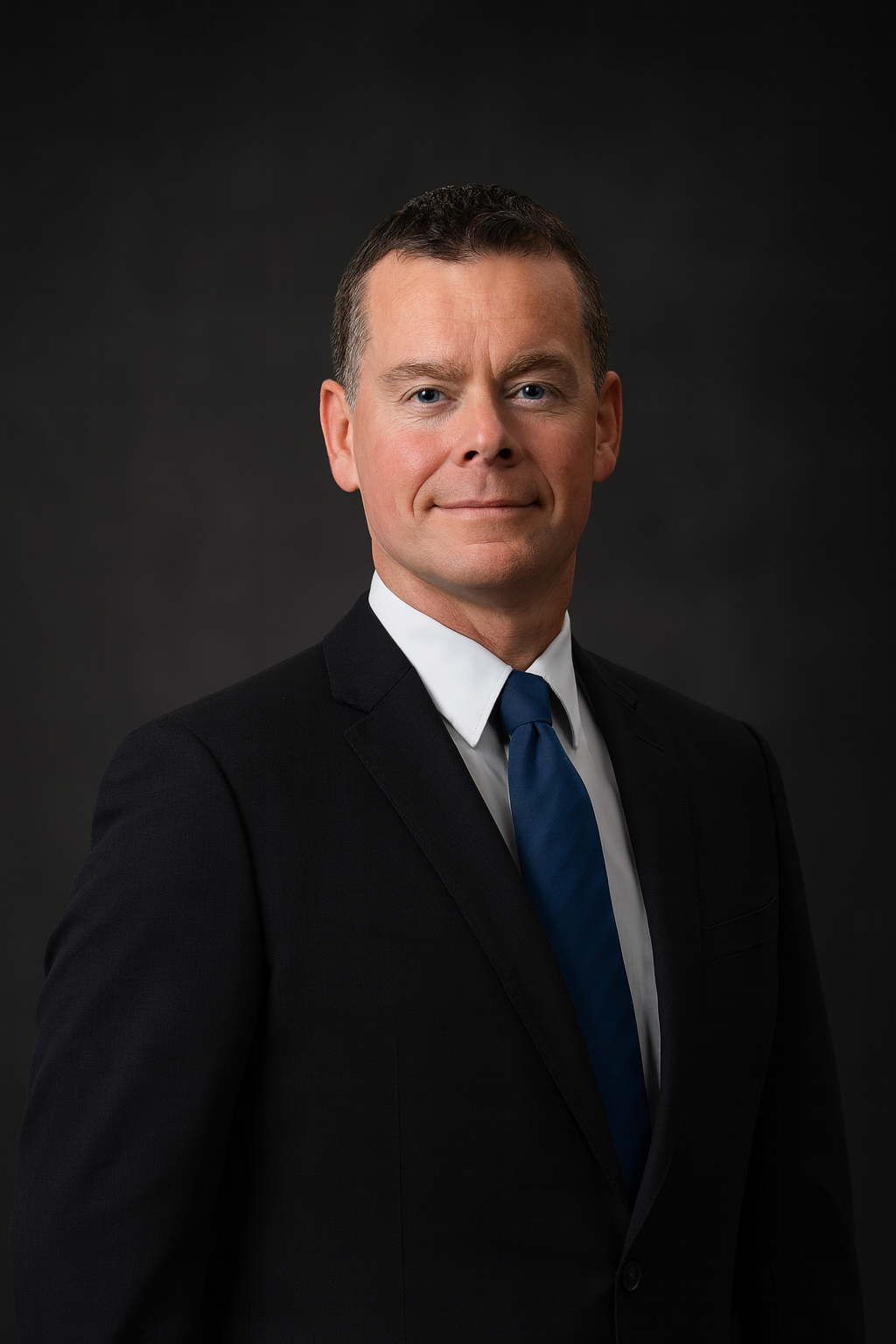 Portrait of Tim Pullman, Archer's Director, in a black suit, white shirt, and blue tie against a dark background.