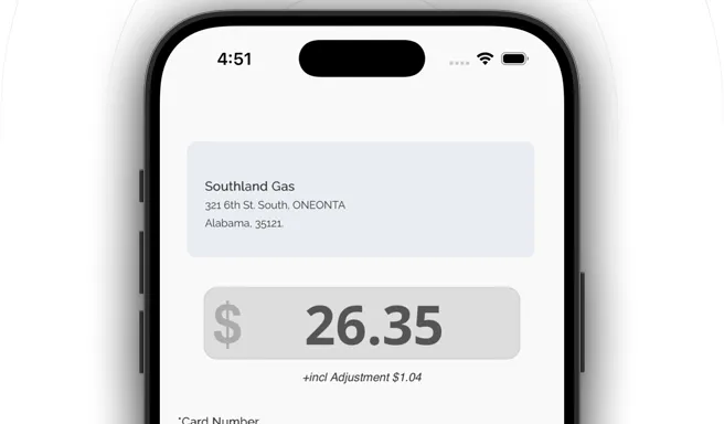 Smartphone screen showing Southland Gas payment of $26.35 with an additional adjustment of $1.04.