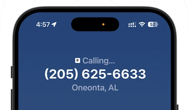 Smartphone screen showing a call in progress to phone number (205) 625-6633 in Oneonta, AL.