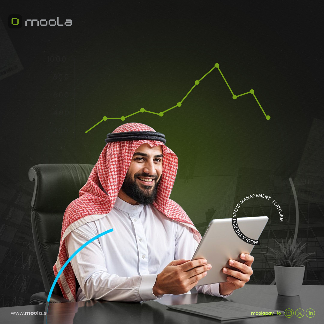 Hands holding a tablet displaying financial data with text highlighting how Bayt Al Jaleed cut manual expense work by 80% and boosted financial transparency by 90% using Moola in 12 weeks.