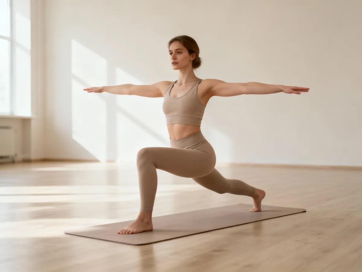 Woman in beige workout attire performing warrior yoga pose on a mat in a bright, spacious room.