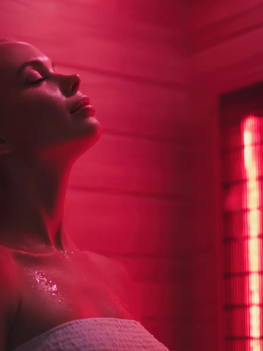 Woman with eyes closed enjoying a red light therapy session, skin glistening with moisture.