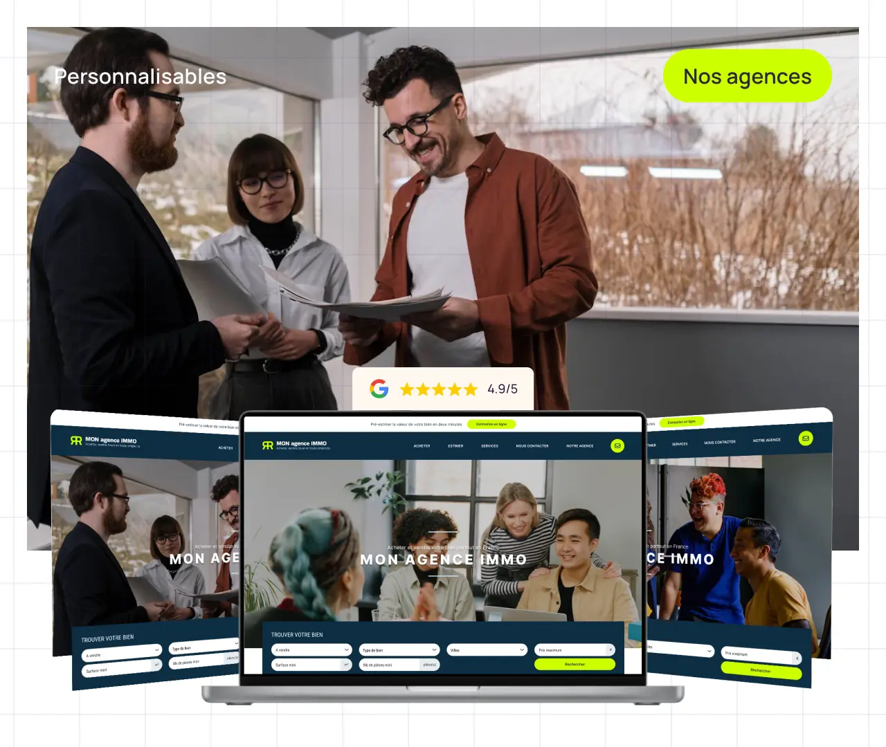 Trois personnes discutant avec des documents en main dans un bureau, avec trois écrans d'ordinateur affichant le site web Mon Agence Immo en premier plan.