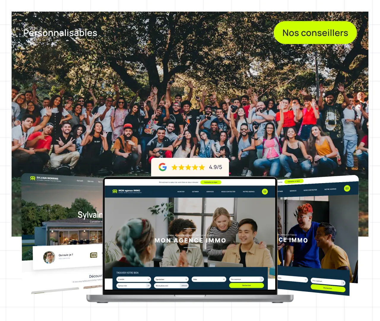 Groupe diversifié de personnes souriantes et main levée sous un grand arbre, avec des écrans d'ordinateur affichant un site immobilier personnalisé 'Mon Agence Immo' et une note Google de 4,9 sur 5.