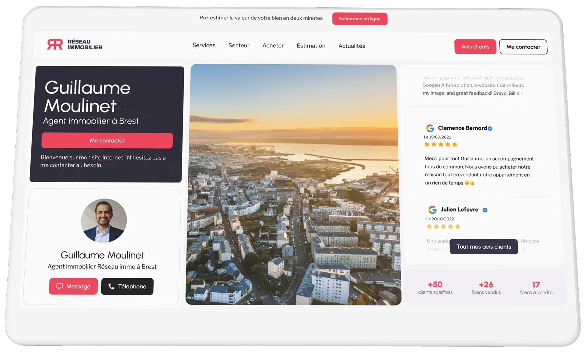Page web d'un agent immobilier nommé Guillaume Moulinet à Brest avec une photo aérienne de la ville au coucher du soleil, des avis clients et des options de contact.