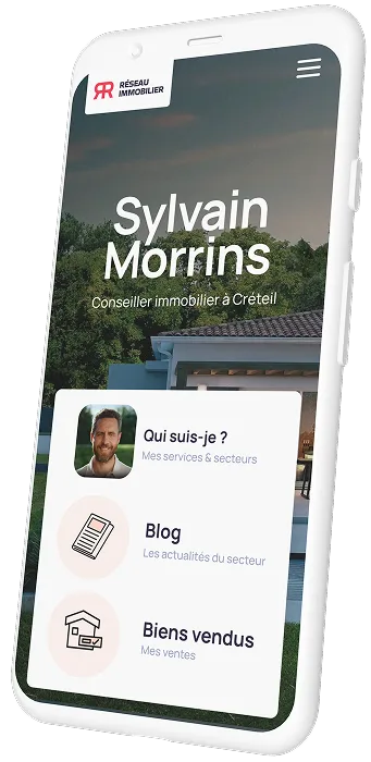 Smartphone displaying a real estate agent profile for Sylvain Morrins, with options for 'Who am I?', 'Blog', and 'Sold properties'.