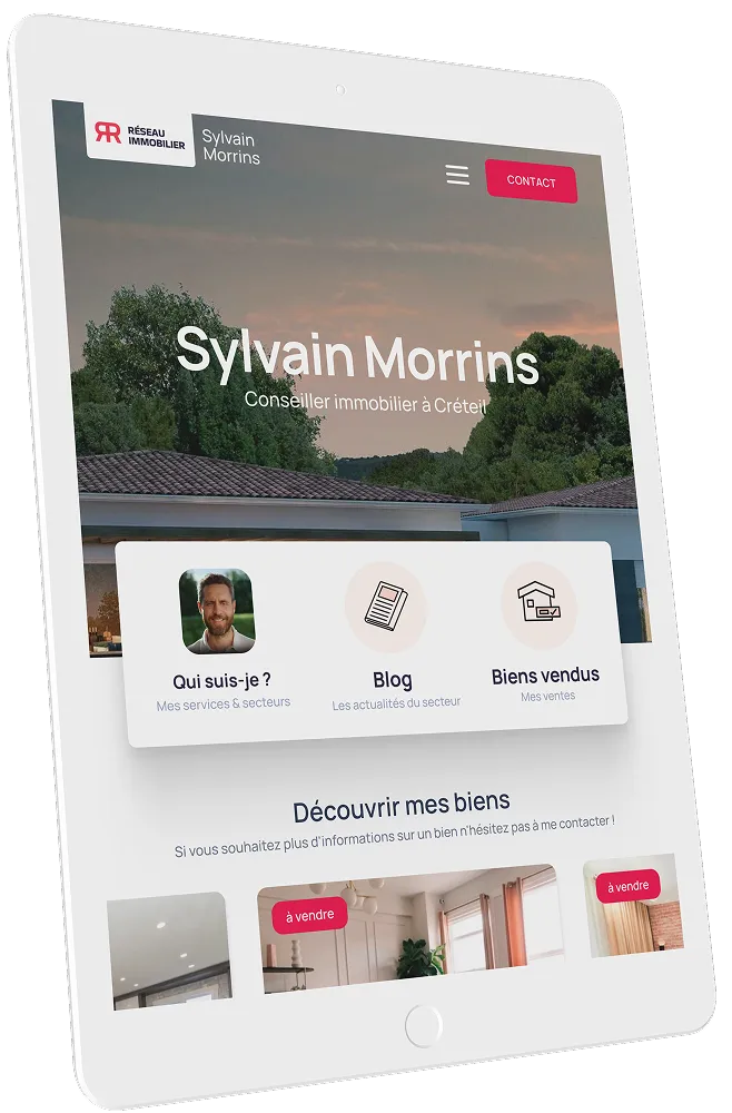 Page d'accueil du site de Sylvain Morrins, conseiller immobilier à Créteil, avec options Qui suis-je, Blog, Biens vendus et annonces immobilières à vendre.